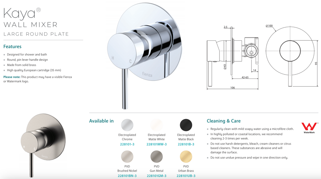 Fienza 228101MW-3 Kaya Large Round Plate Wall Mixer, Matte White