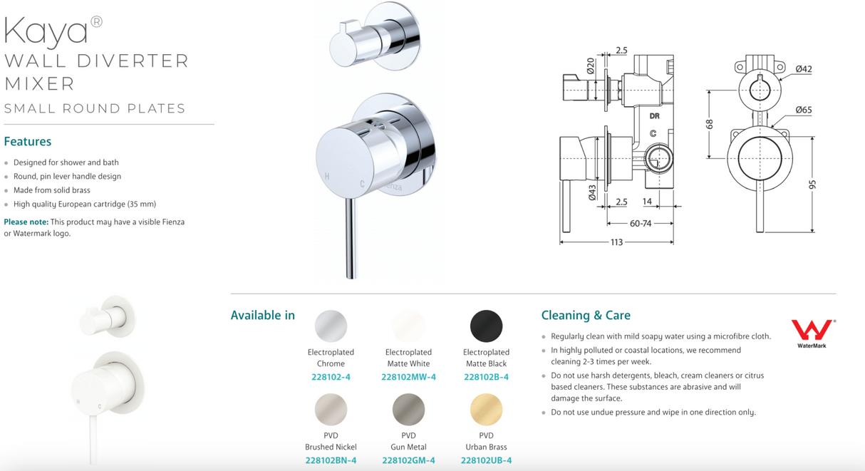 Fienza 228102MW-4 Kaya Small Round Plate Wall Diverter Mixer, Matte White