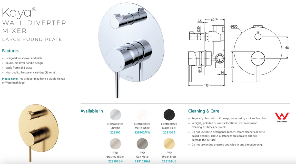 Fienza 228102MW Kaya Large Round Plate Wall Diverter Mixer, Matte White