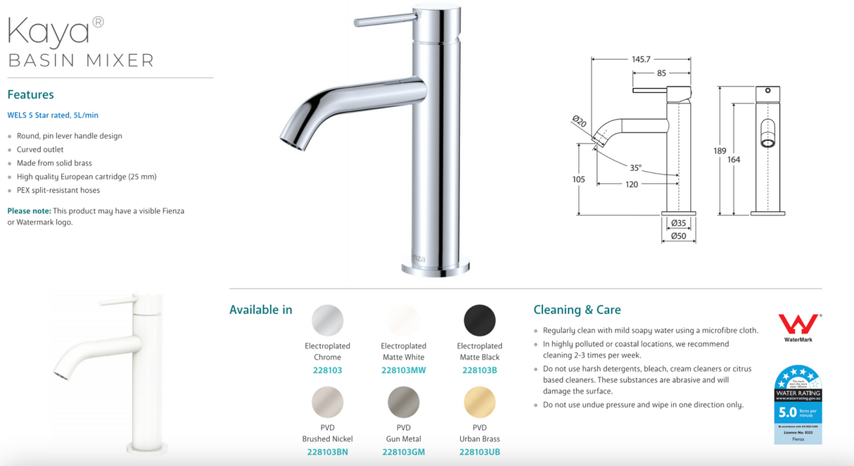 Fienza 228103MW Kaya Basin Mixer, Matte White