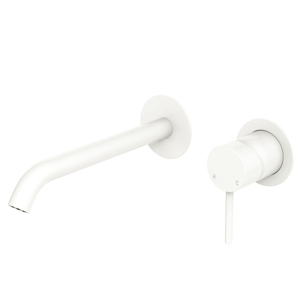 Fienza 228104MW-200-LF Kaya Wall Bath/ Basin Mixer Set, Round Plate, Matte White, 200mm Outlet