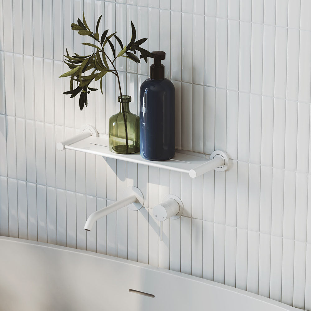 Fienza 228104MW-200-LF Kaya Wall Bath/ Basin Mixer Set, Round Plate, Matte White, 200mm Outlet
