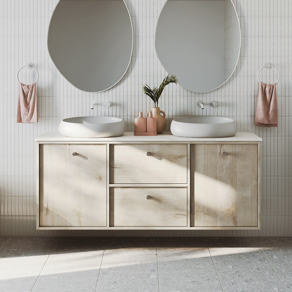 Fienza 228104MW-200-LF Kaya Wall Bath/ Basin Mixer Set, Round Plate, Matte White, 200mm Outlet