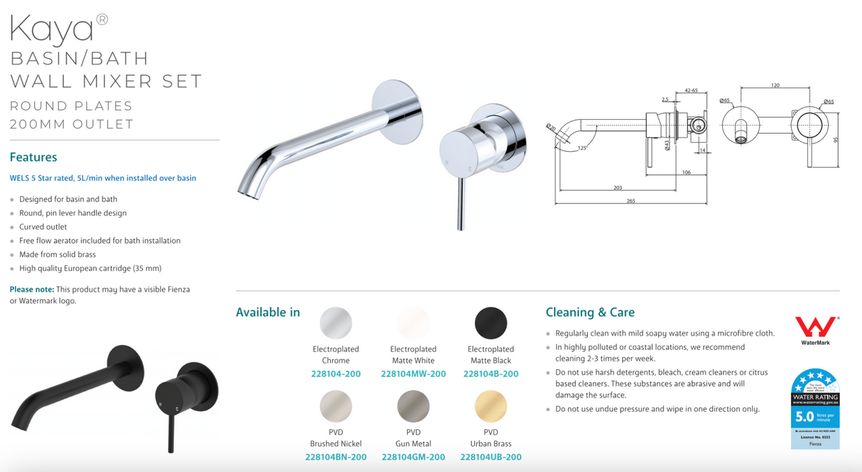 Fienza 228104MW-200 Kaya Wall Bath/ Basin Mixer Set 200mm Round Plate, Matte White