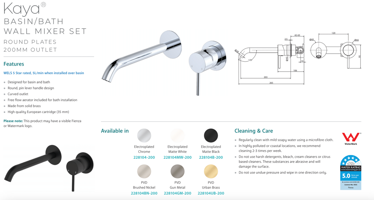 Fienza 228104MW-200 Kaya Wall Bath/ Basin Mixer Set 200mm Round Plate, Matte White