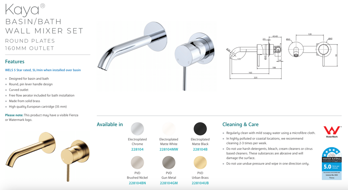 Fienza 228104MW Kaya Wall Bath/ Basin Mixer Set 160mm Round Plate, Matte White