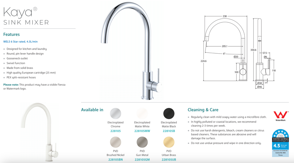 Fienza 228105MW Kaya Sink Mixer, Matte White