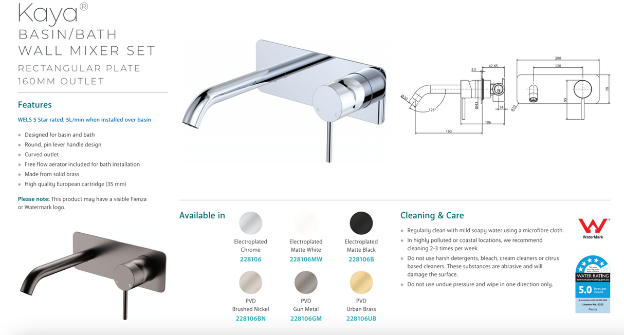 Fienza 228106MW Kaya Wall Bath/ Basin Mixer Set Soft 160mm Square Plate, Matte White