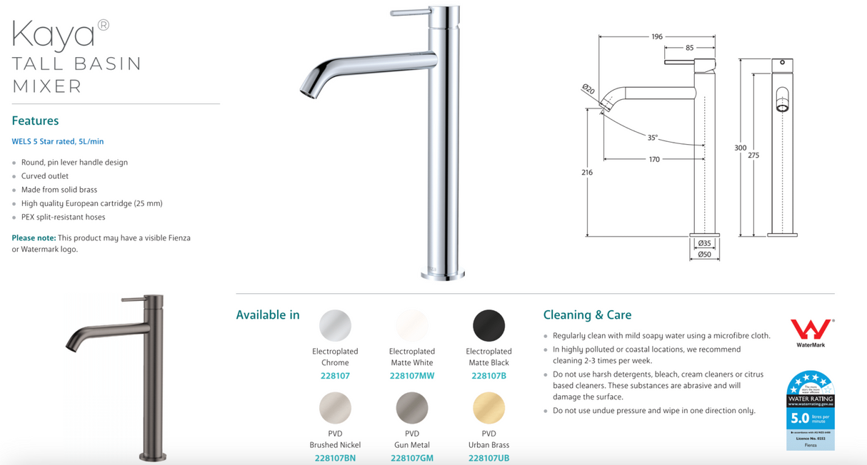 Fienza 228107MW Kaya Basin Tall Mixer, Matte White