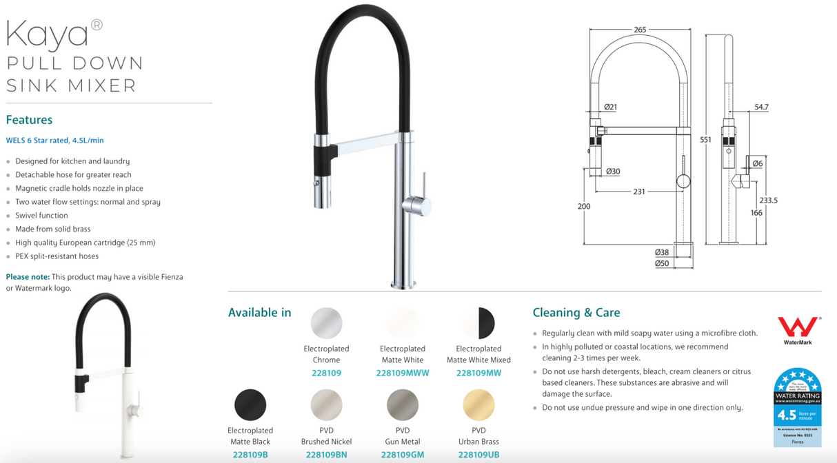 Fienza 228108MW Kaya Pull Out Sink Mixer, Matte White