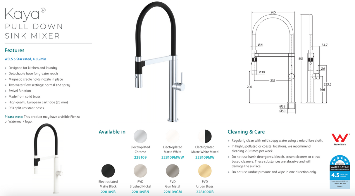Fienza 228109MWW Kaya Pull Down Sink Mixer, Matte White