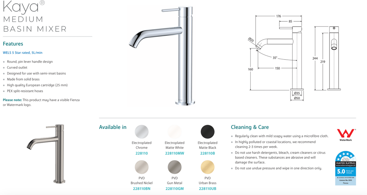 Fienza 228110BN Kaya Basin Medium Mixer, Brushed Nickel