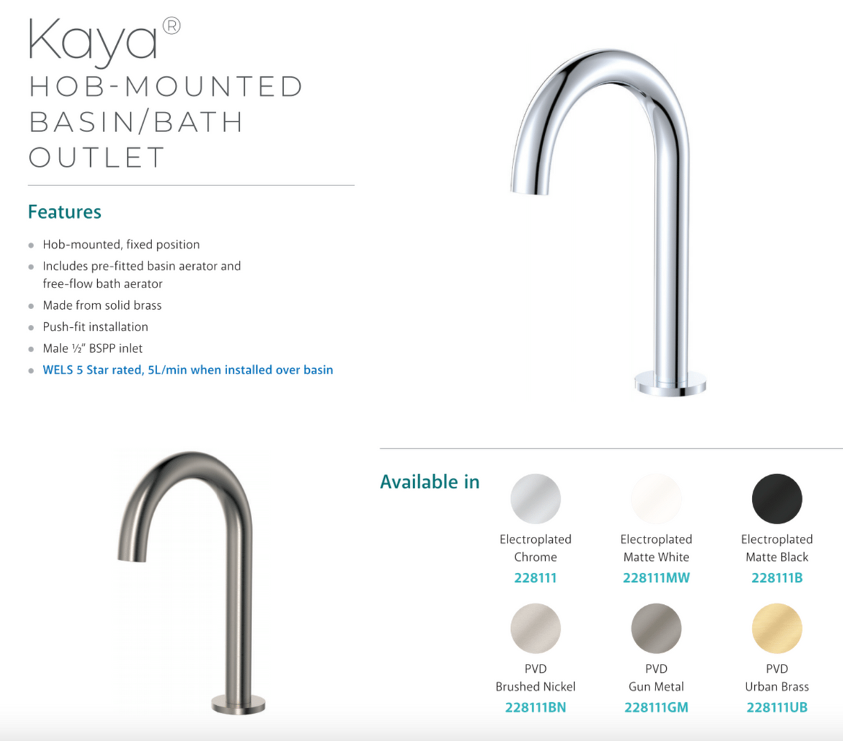 Fienza 228111MW Kaya Hob Bath/ Basin Outlet, Matte White