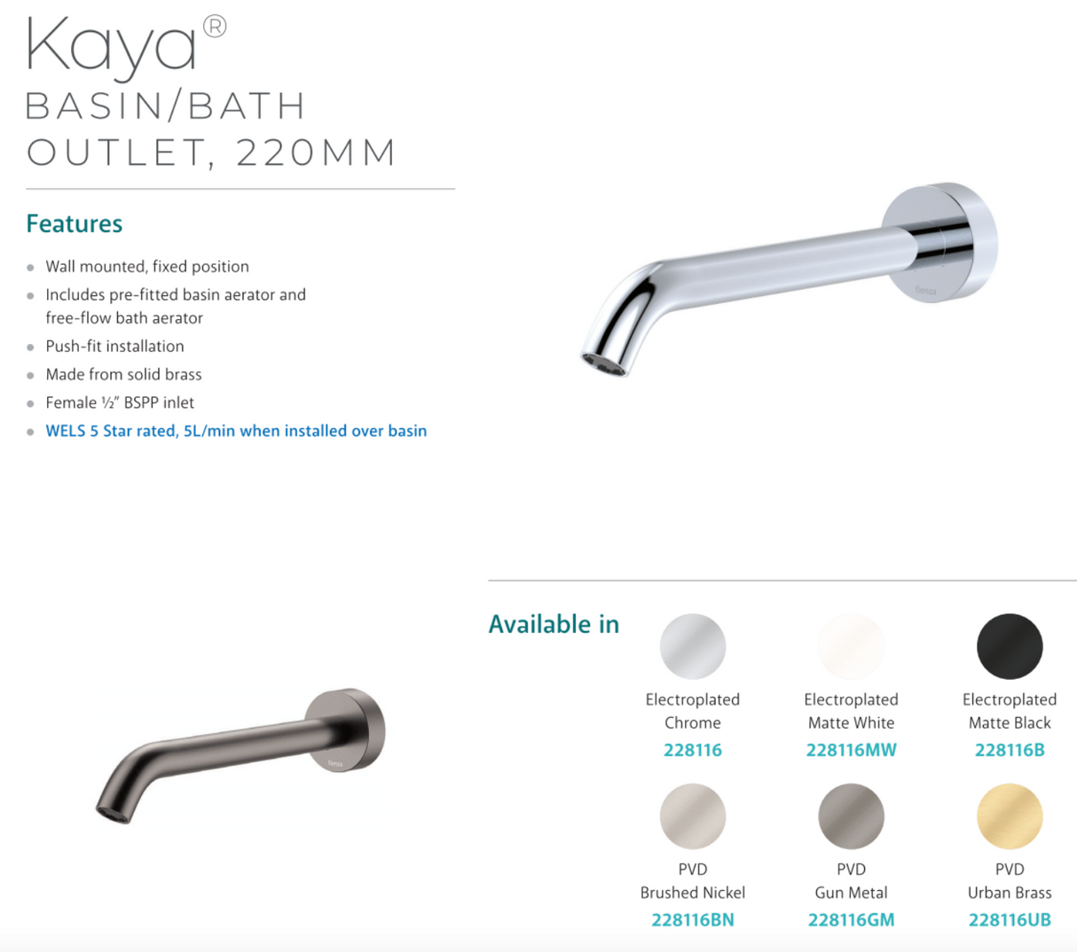 Fienza 228116MW Kaya Bath/ Basin 220mm Outlet, Matte White