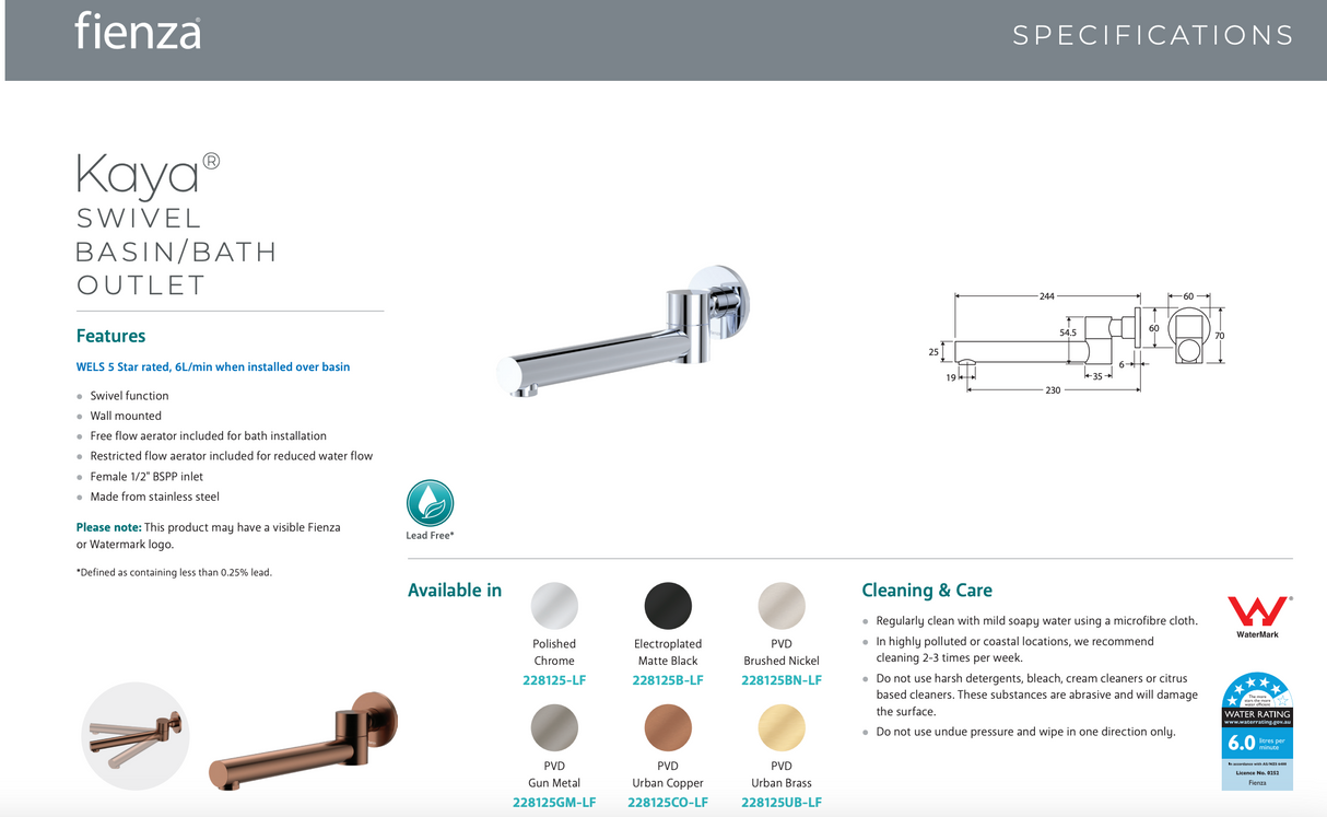 Fienza Kaya Swivel Basin/Bath Outlet, Brushed Copper, 228125CO-LF