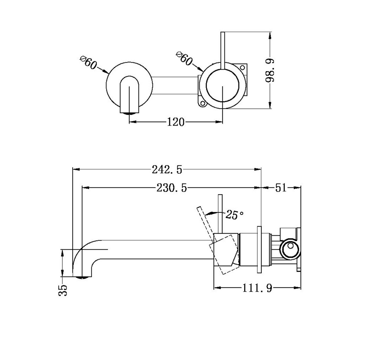 Nero Mecca Wall Mixer Set Basin / Bath (Separate Backplates) Handle Up - Chrome