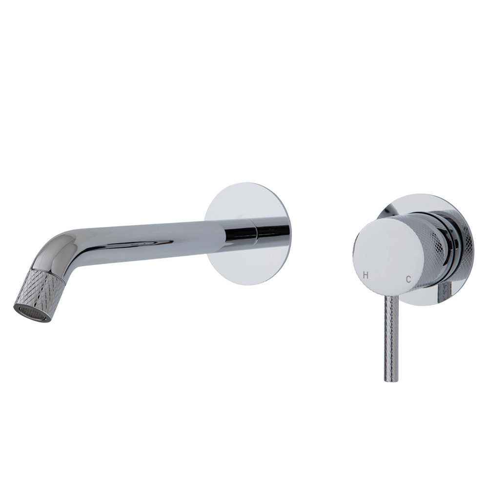 Fienza Axle Wall Basin/Bath Mixer Set Chrome Small Round Plates 200Mm Outlet 231104-200 Bathroom