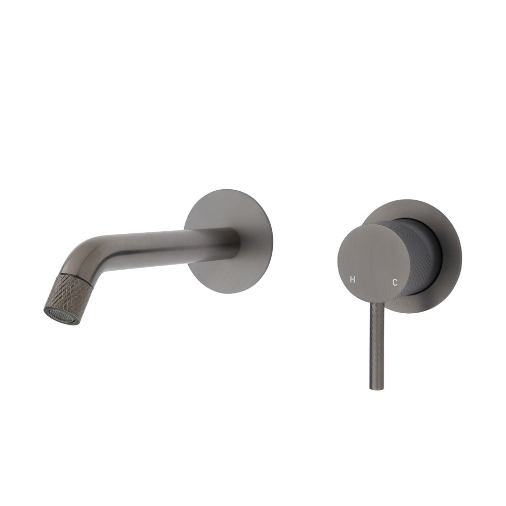 Fienza Axle Wall Basin/Bath Mixer Set Gun Metal Small Round Plates 160Mm Outlet 231104Gm Bathroom