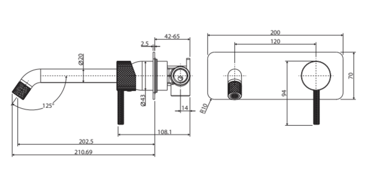Fienza Axle Wall Basin/Bath Mixer Set Matte Black Soft Square Plate 200Mm Outlet 231106B-200