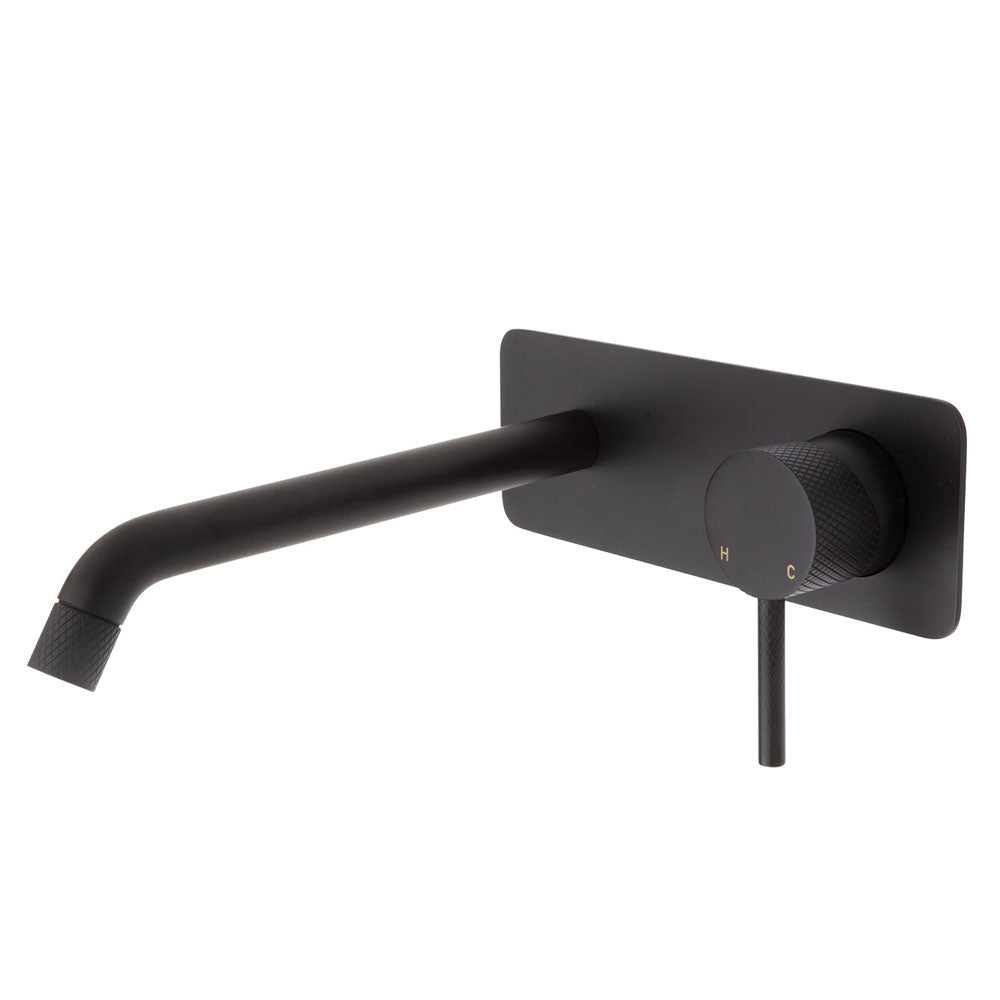 Fienza Axle Wall Basin/Bath Mixer Set Matte Black Soft Square Plate 200Mm Outlet 231106B-200