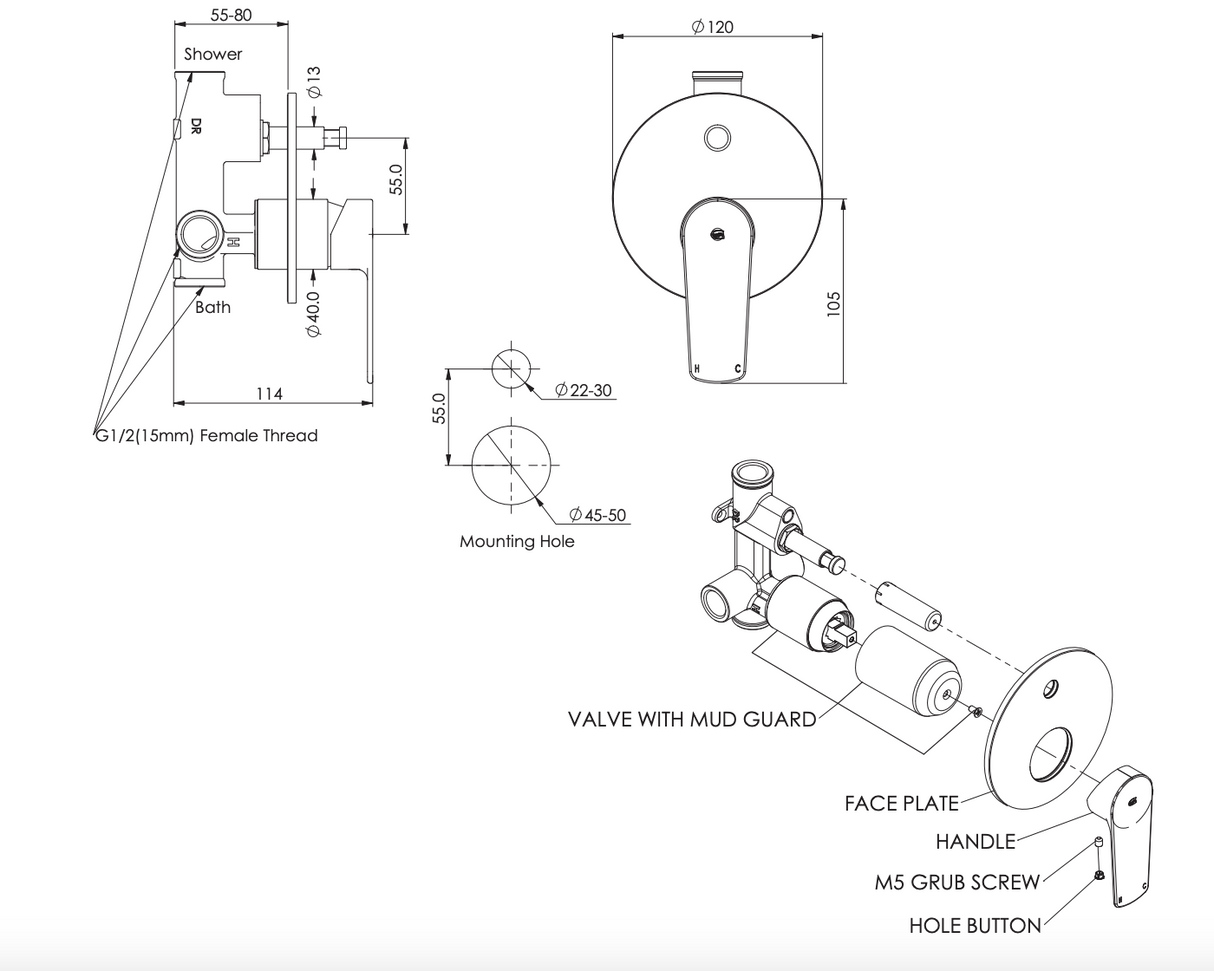 Greens Novi Shower Mixer with Diverter, PVD Brushed Nickel, 24203590BN