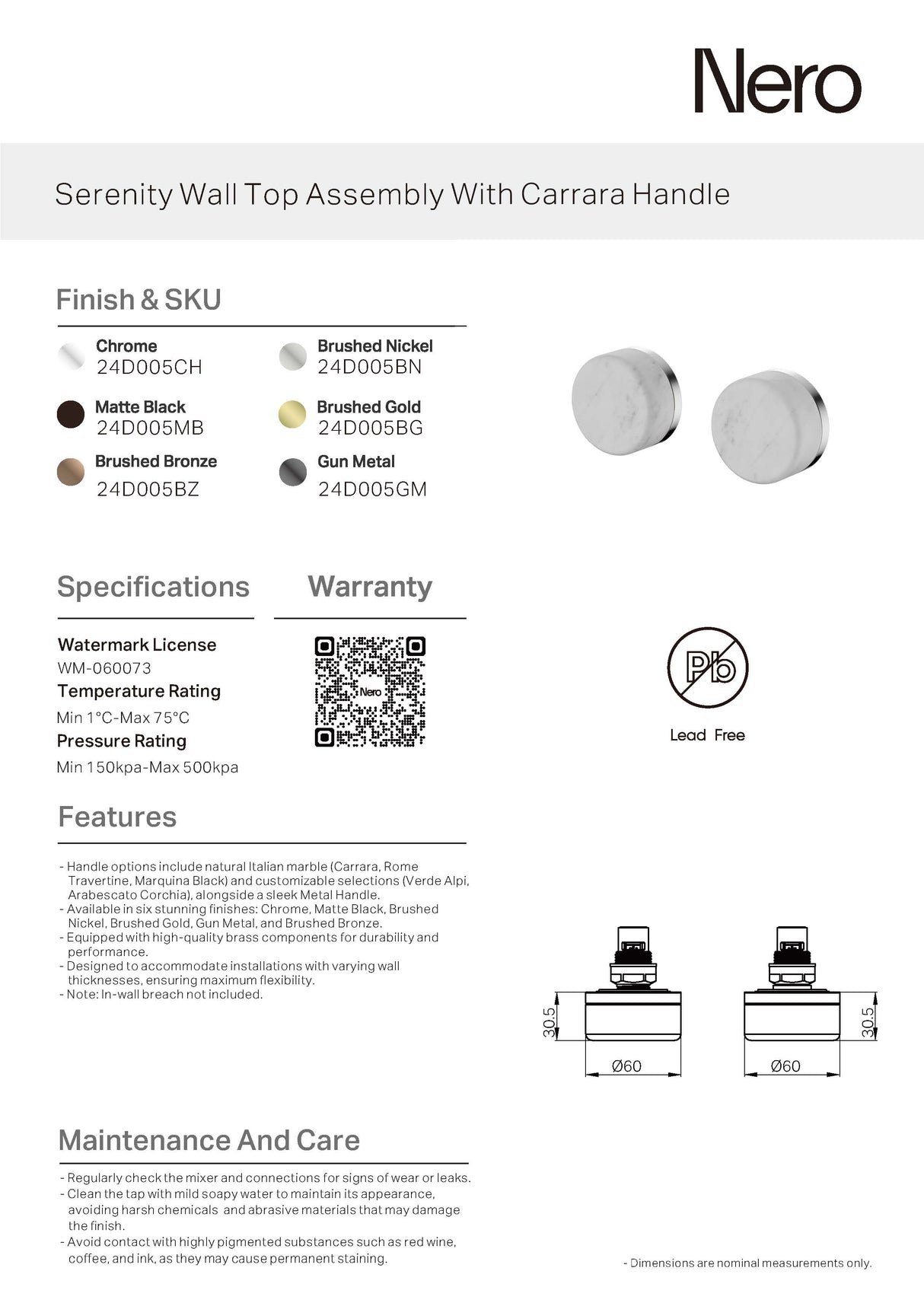 Nero Serenity Wall Top Assembly w/ Carrara Handle Chrome 24D005CH