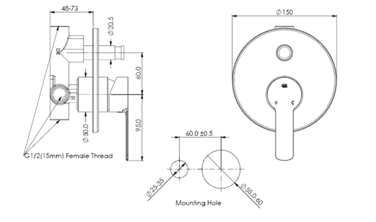Greens Astro II Shower Diverter Mixer, PVD Brushed Brass, 253490BB