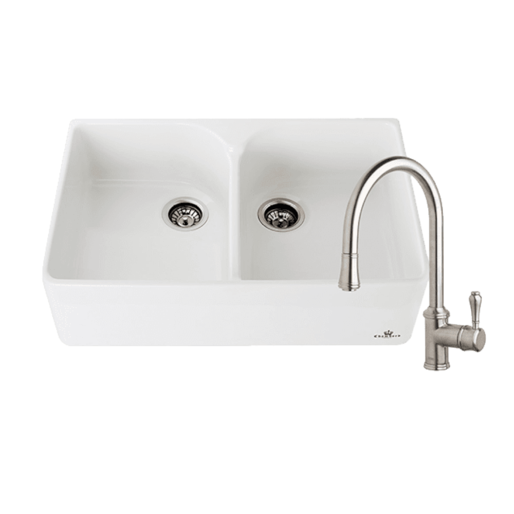 Abey Chambord Clotaire Package, Double Bowl Fireclay Sink, 800x500x220mm, White & Armando Vicario Provincial Pullout Mixer, Brushed Nickel, CLOTAIRE-2WTBN