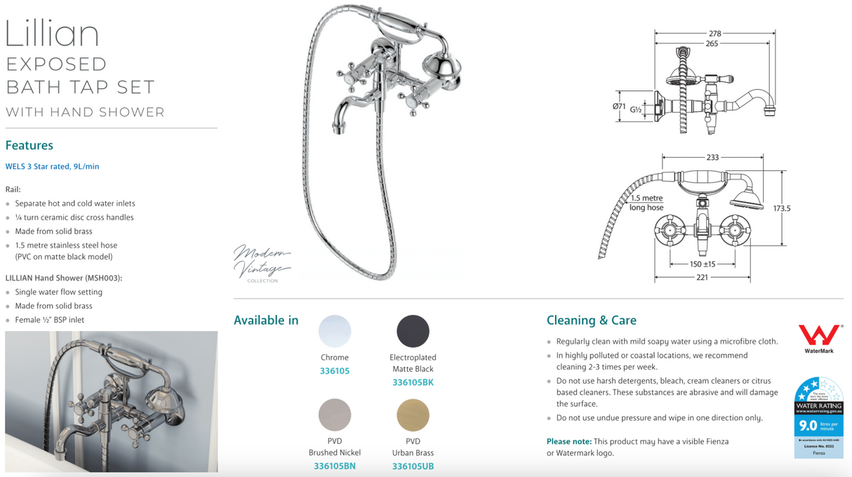 Fienza 336105UB Lillian Exposed Bath Tap Set with Hand Shower, Urban Brass