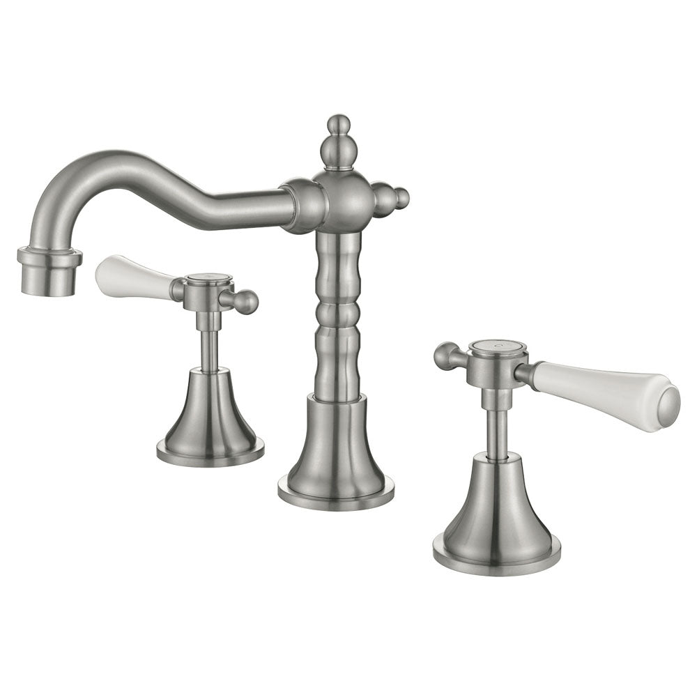 Fienza 339101BN-LF Lillian Shepherds Crook Lever Basin Set, Brushed Nickel with White Ceramic Handle