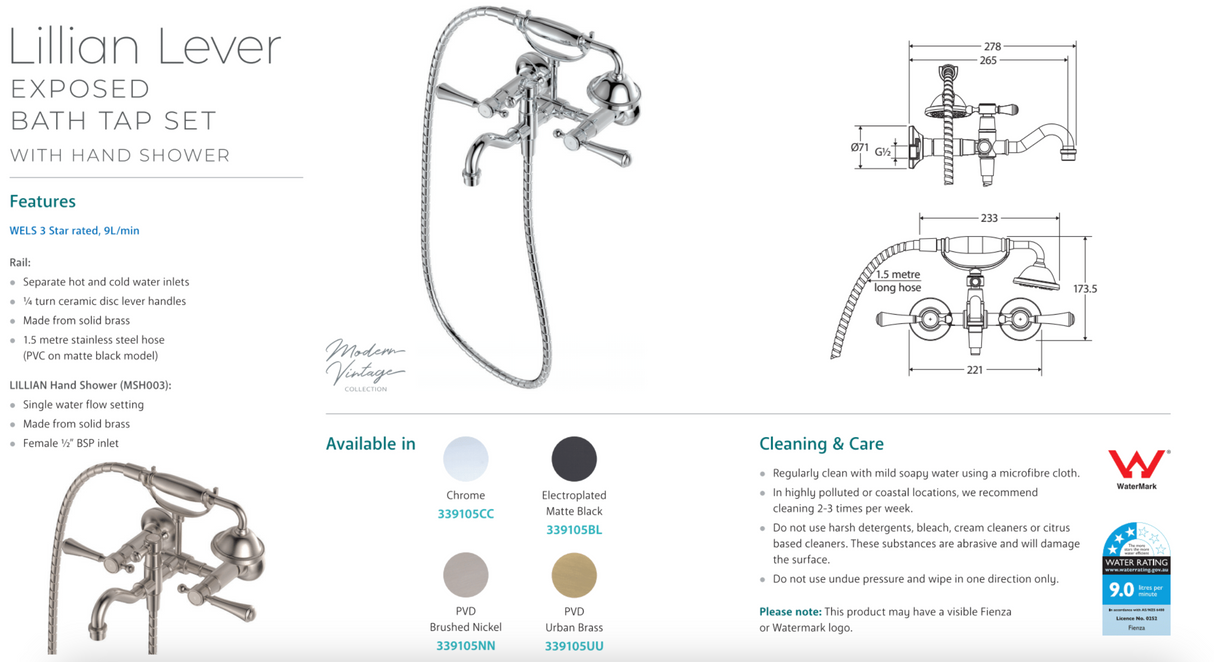 Fienza 339105BL Lillian Lever Exposed Bath Tap Set with Hand Shower, Matte Black