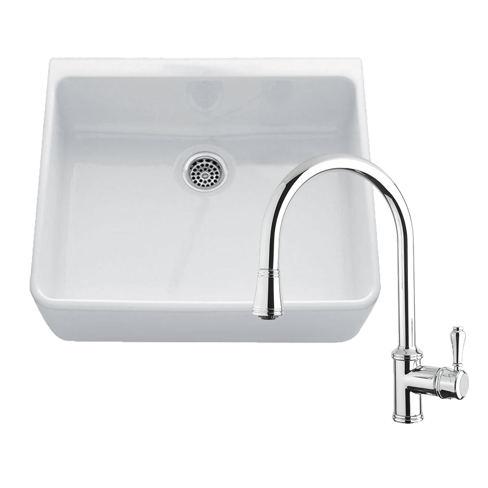 Abey Chambord Clotaire Package, Single Bowl Fireclay Sink, 500x500x200mm, White & Armando Vicario Provincial Mixer, Chrome, CLOTAIRE-1WT