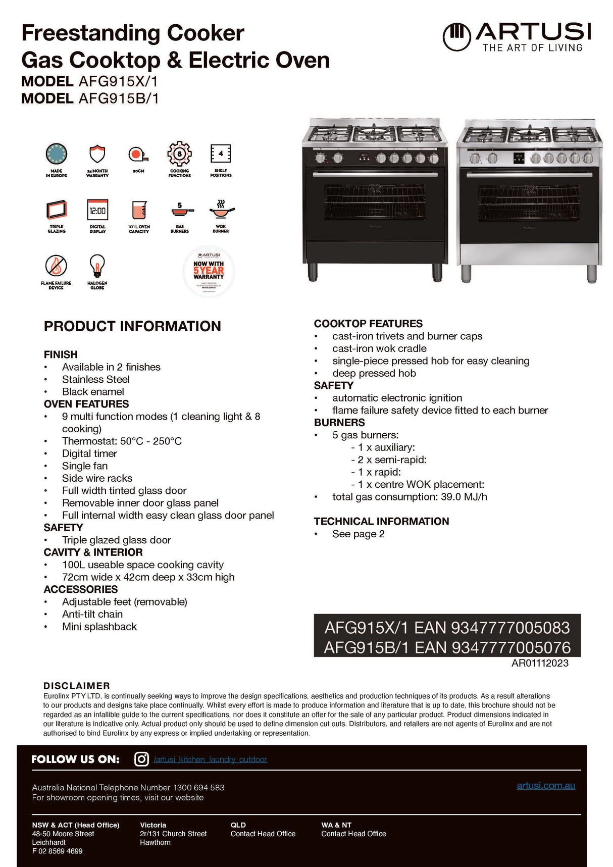 Artusi AFG915B/1 90cm Freestanding Dual Fuel Stove, Matte Black