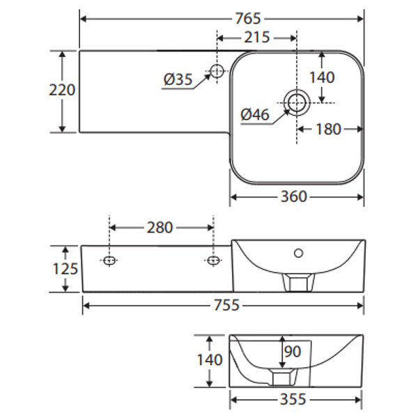 Fienza 37700AWH RAK Petit Square Wall Basin, Left Edge, No Tap Hole, Alpine White