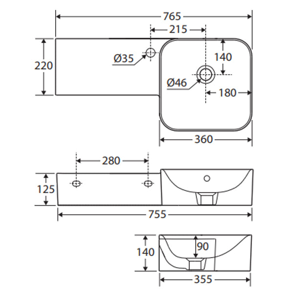 Fienza 37701AWHA RAK Petit Square Wall Basin, Left Edge, One Tap Hole, Alpine White
