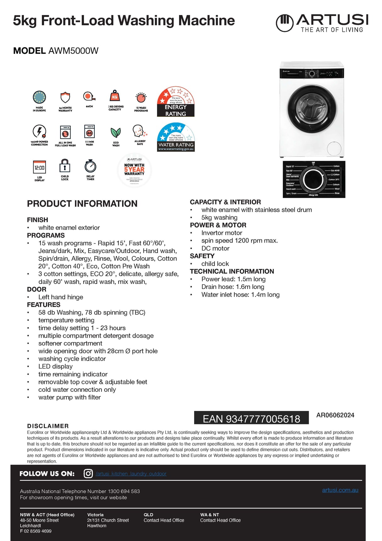 Artusi AWM5000W 5kg Front Load Washing Machine, White