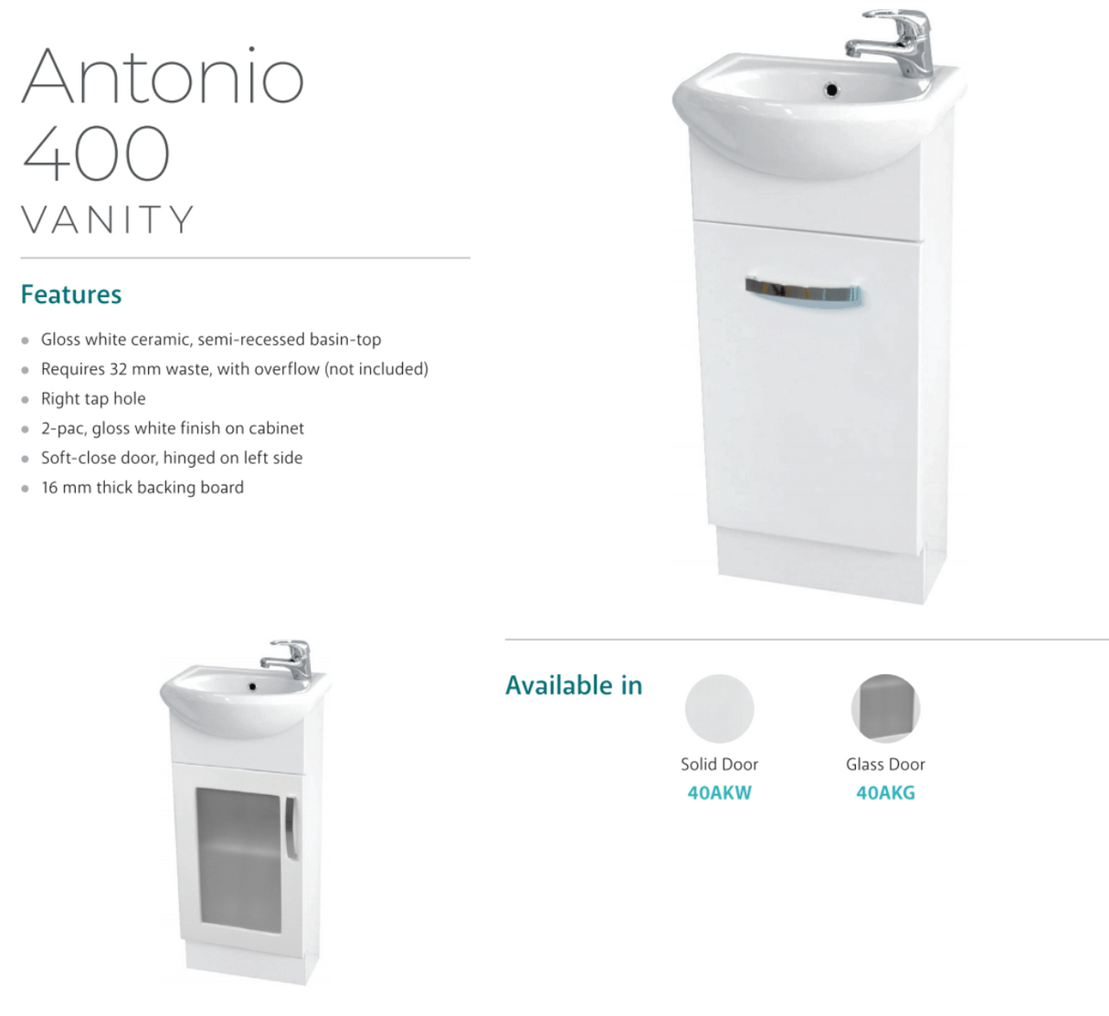 Fienza Antonio 40Akw 400Mm White Vanity Solid Door - Special Order Units