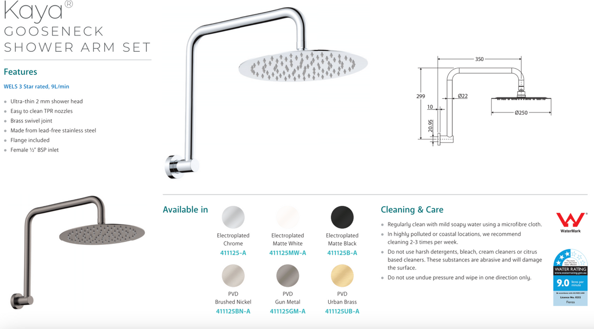 Fienza 411125MW-A Kaya Goosneck Shower Arm Set, Matte White