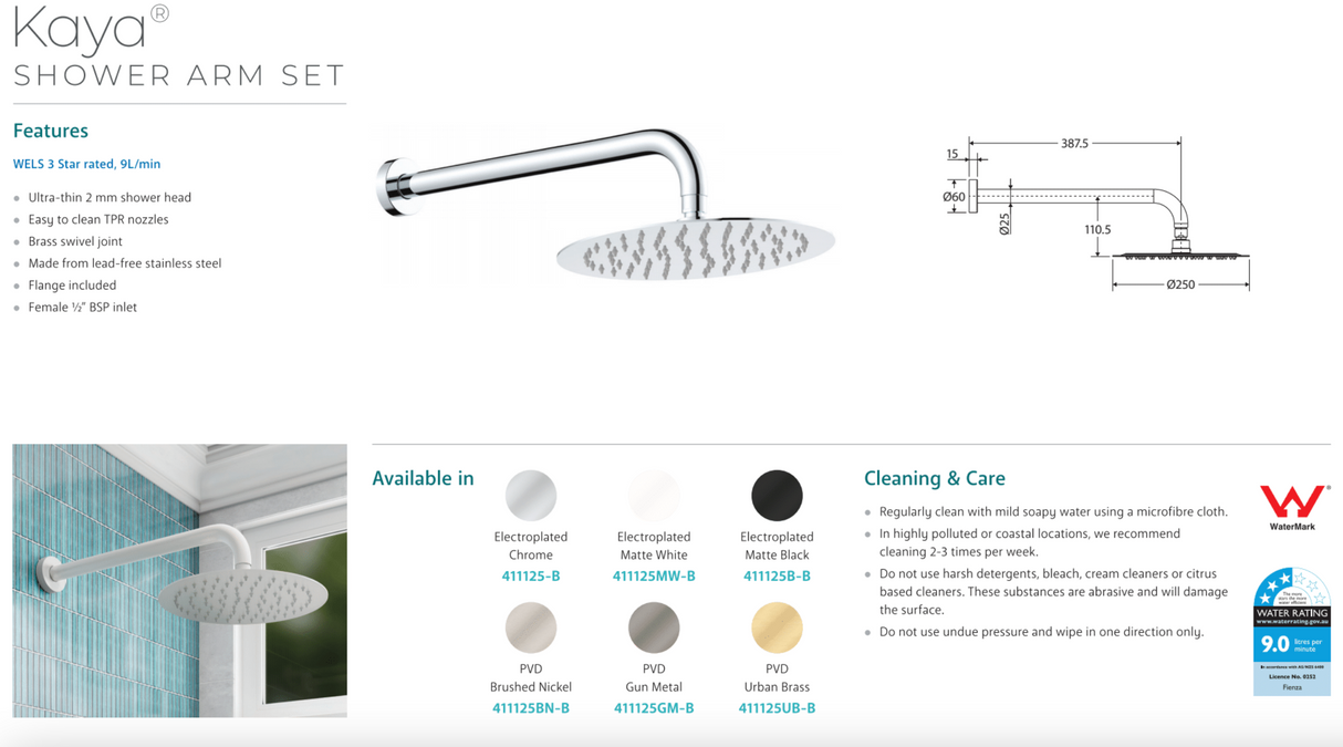 Fienza 411125MW-B Kaya Shower Arm Set, Matte White