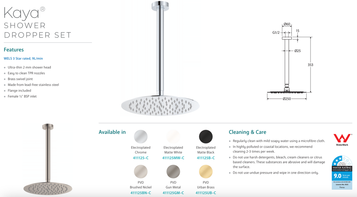 Fienza 411125MW-C Kaya Shower Dropper Set, Matte White