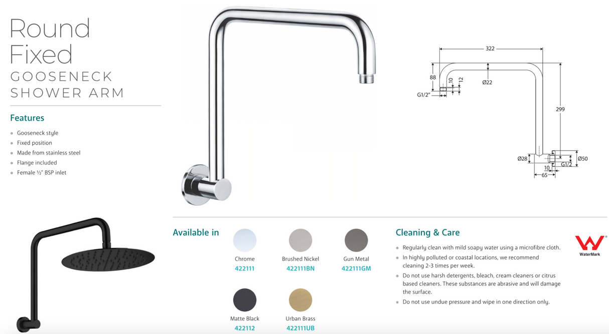 Fienza 422111MW Kaya Round Fixed Gooseneck Shower Arm, Matte White