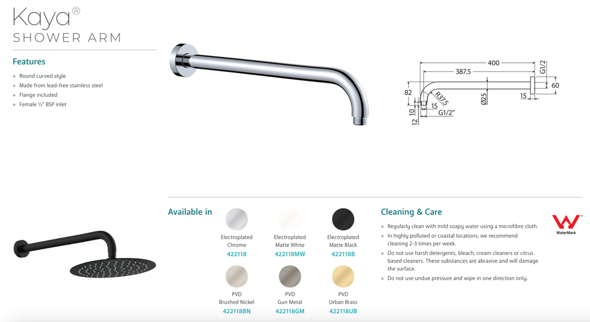 Fienza 422118MW Kaya Round Shower Arm, Matte White