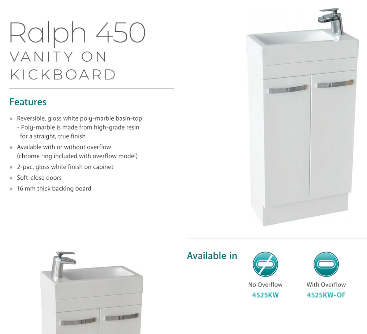 Fienza Ralph 4525Kw 450Mm White Vanity Unit On Kickboard - Special Order Units