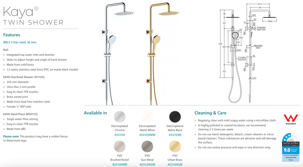 Fienza 455109MW Kaya Twin Shower, Matte White