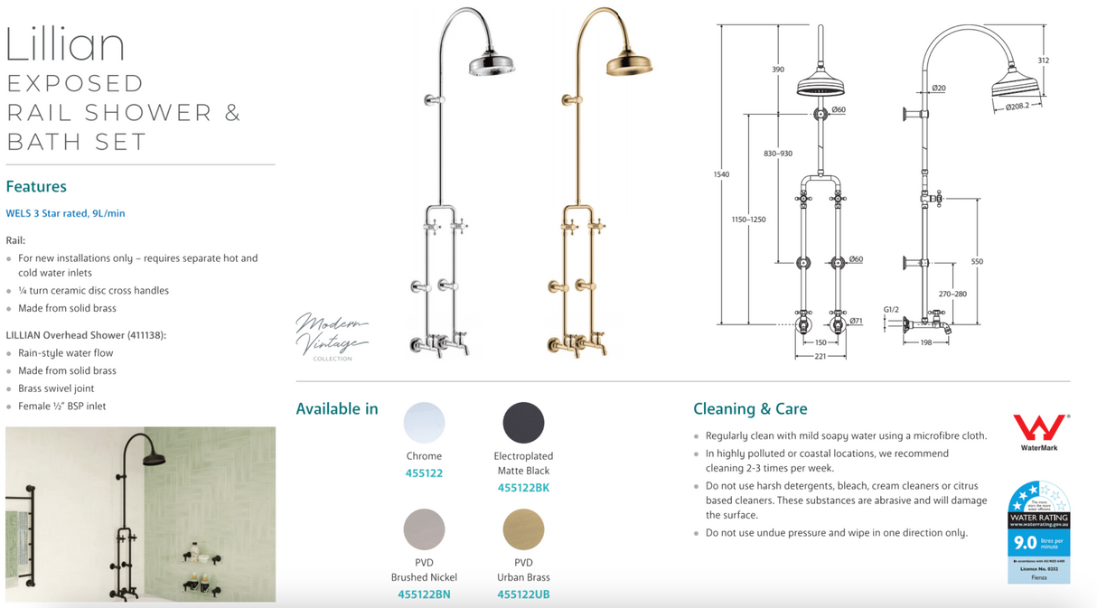 Fienza 455122UB Lillian Exposed Rail Shower & Bath Set, Urban Brass