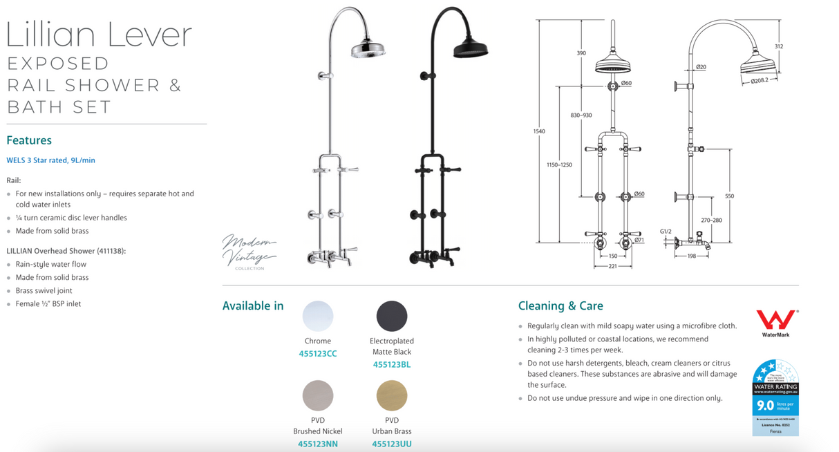 Fienza 455123NN Lillian Lever Exposed Rail Shower & Bath Set, Brushed Nickel