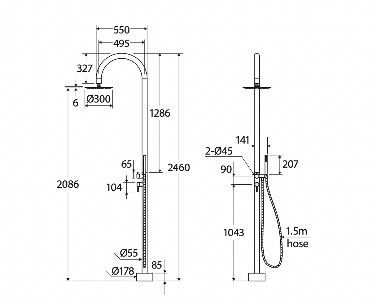 Fienza Kaya 455190 Floor Mounted Outdoor Twin Shower, 316 Brushed Stainless Steel
