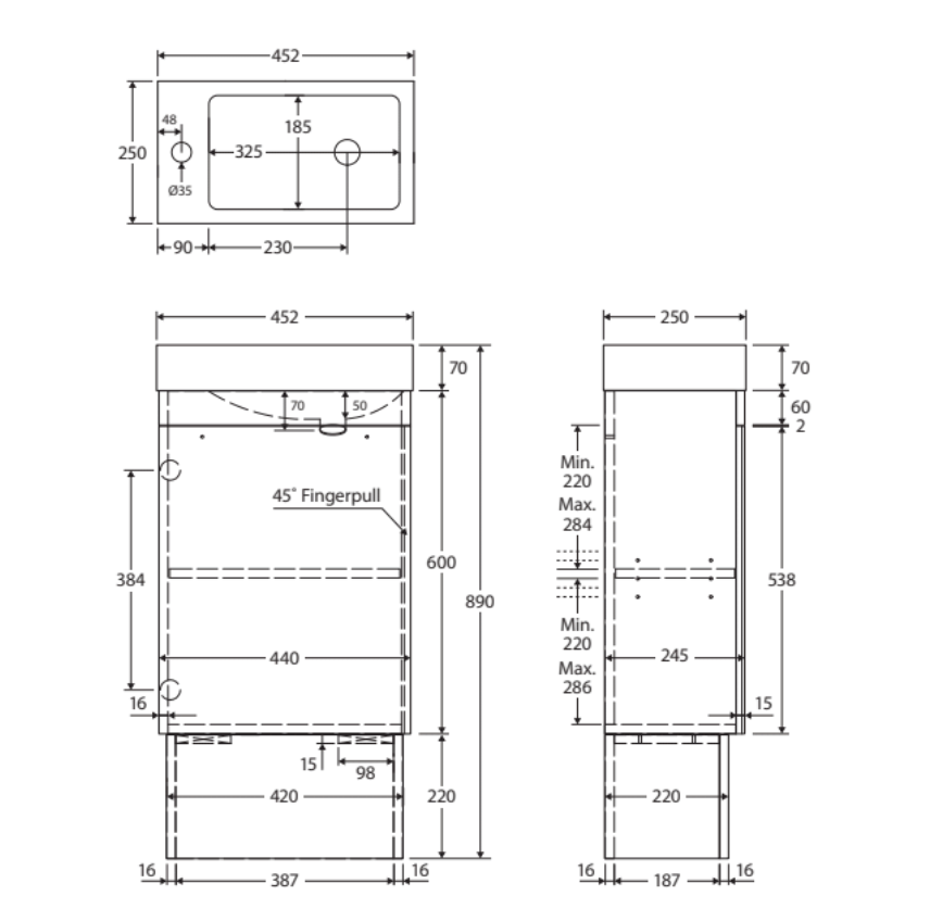 Fienza 45DSK Denzel Edge 450 Ensuite Vanity on Kickboard, Scandi Oak