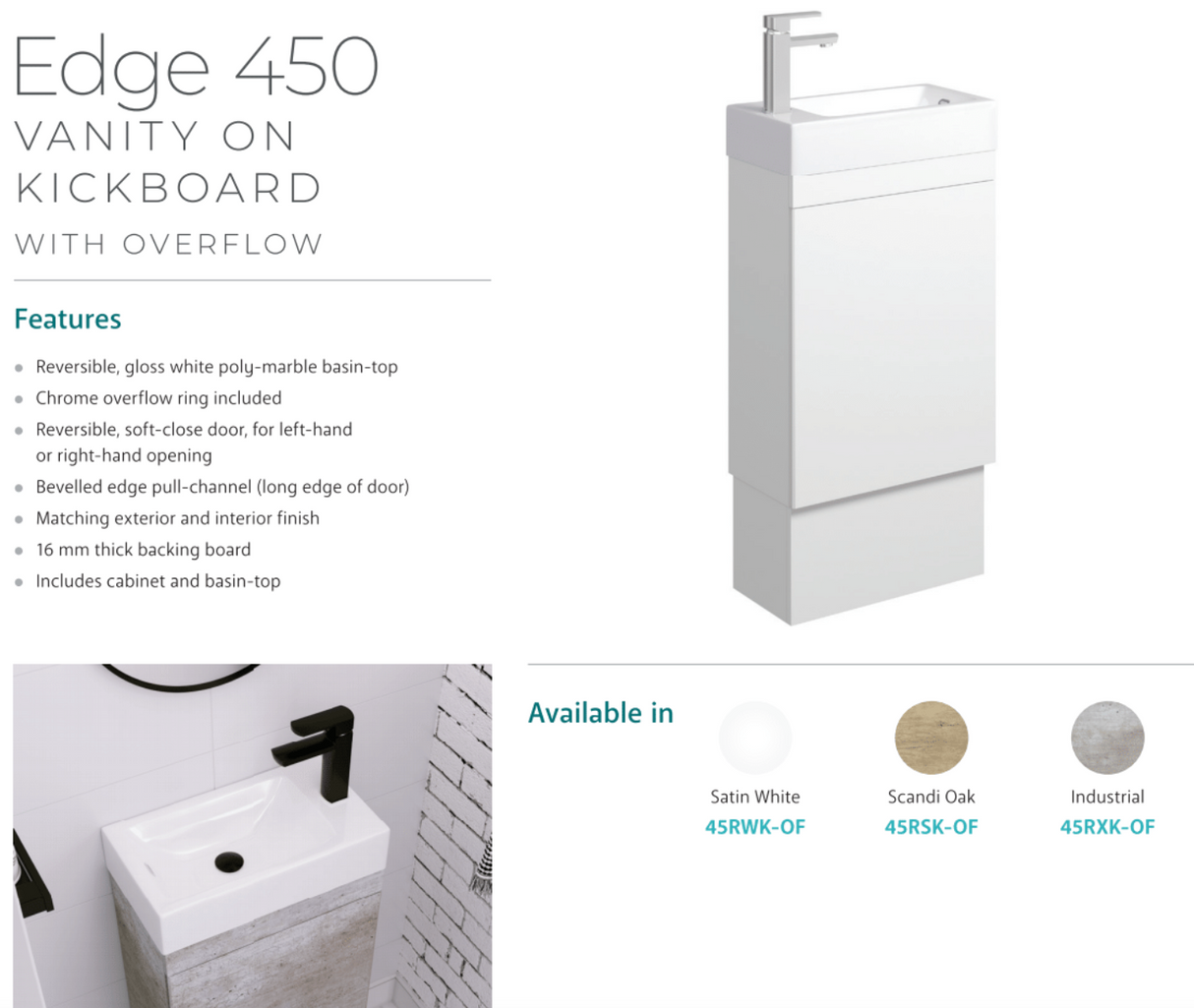 Fienza Edge 45RWK-OF Satin White 450mm Vanity with Kickboard, With Overflow