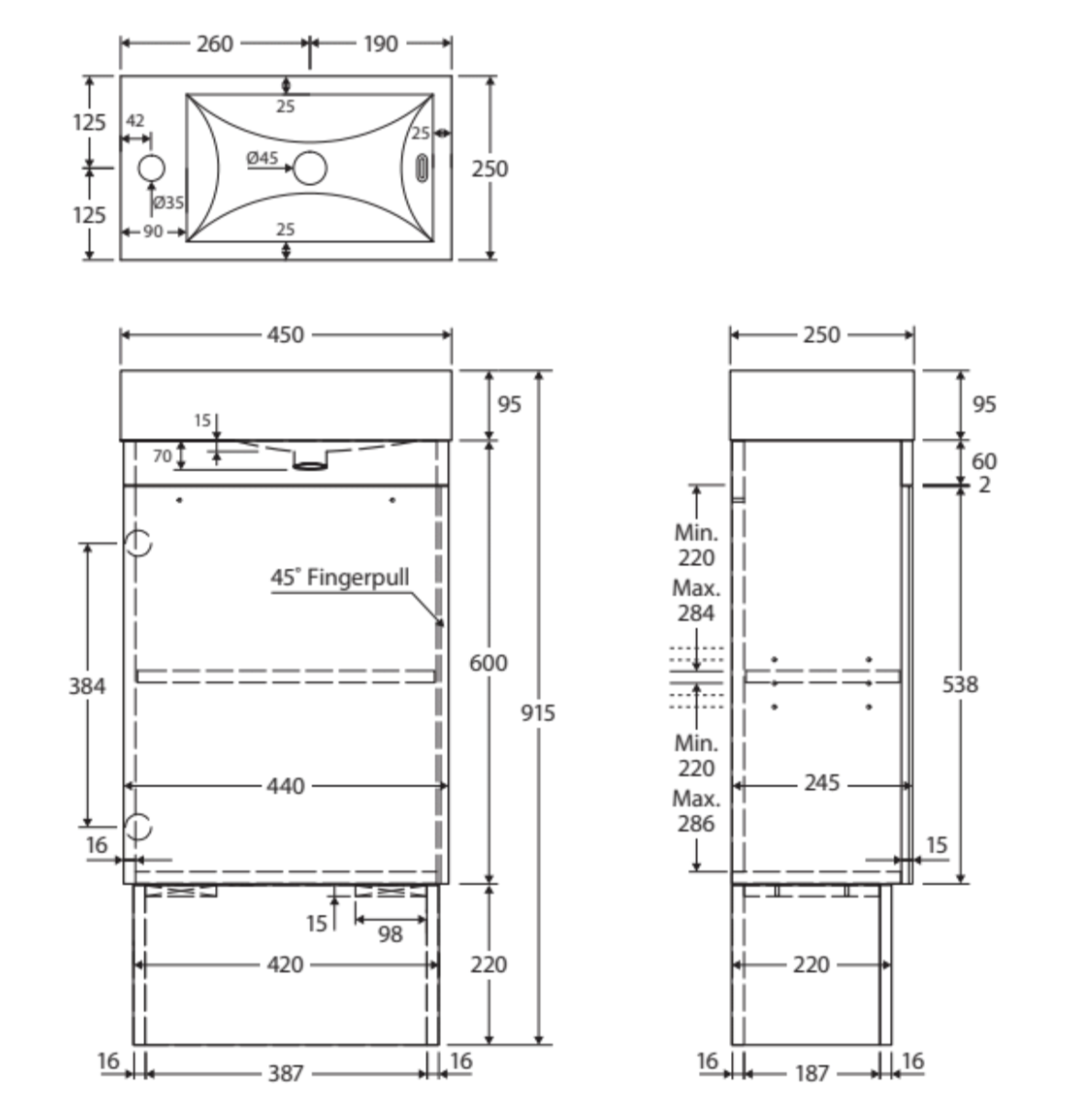 Fienza Edge 45RWK-OF Satin White 450mm Vanity with Kickboard, With Overflow